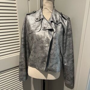 Anthropologie Metallic Silver Faux-Leather Moto Jacket